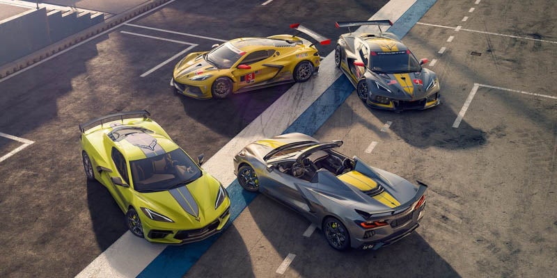 Four Corvette cars circled line up